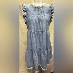 ee:some Chambray Denim Tiered Dress
Frayed Hem Ruffle Sleeve Boho Size Small